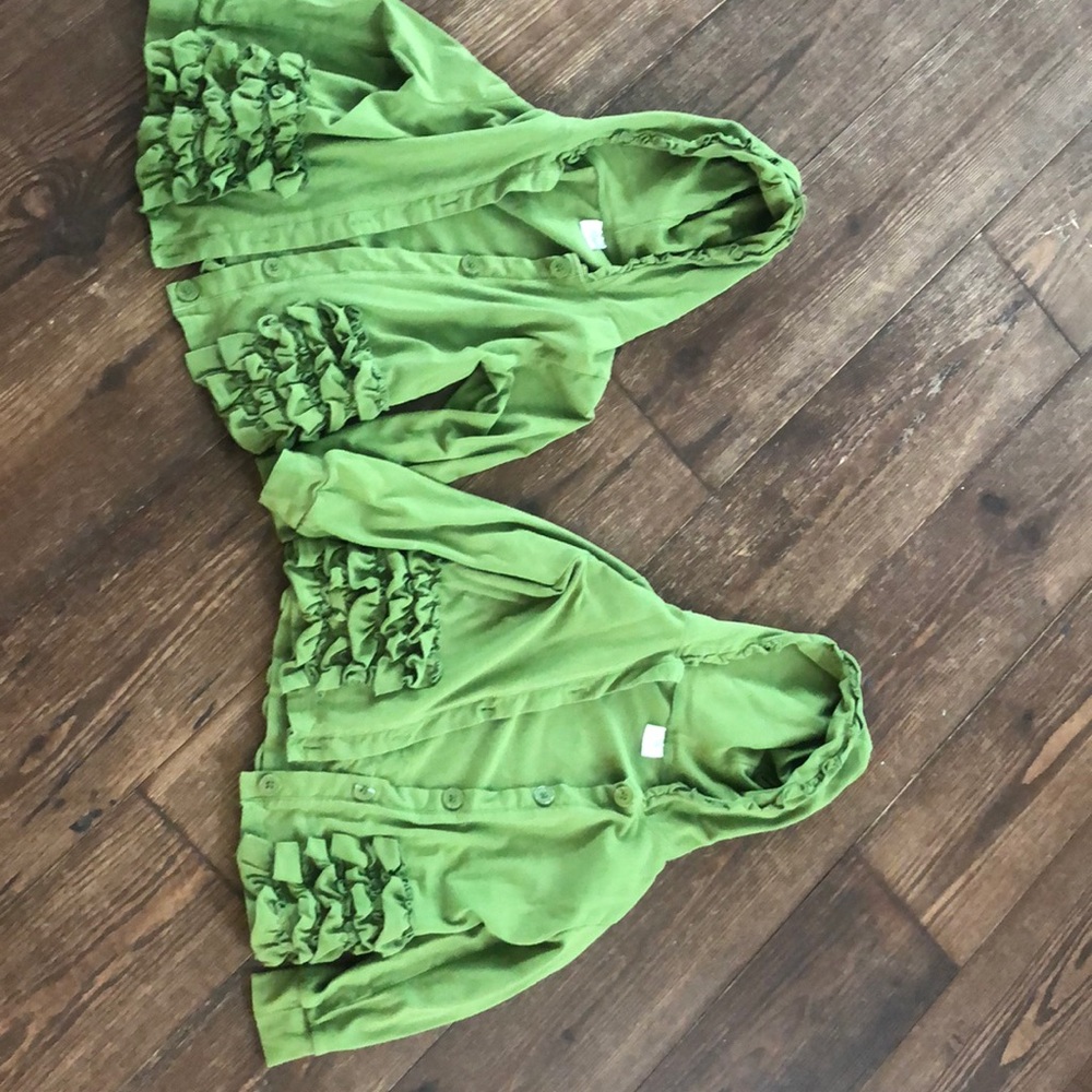 Two adorable olive green ruffle jackets